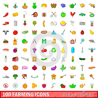 100 farming icons set, cartoon style Vector Illustration