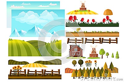 Farming infographic elements with farmer, farm,Landscape creator. Vector Illustration