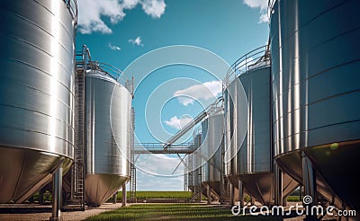 Farming Infrastructure Showcase Grain Silos in Fields Stock Photo