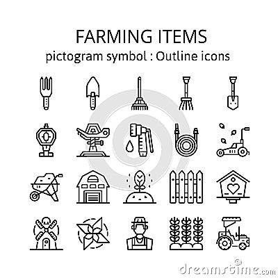 FARMING ITEMS : Outline icons , pictogram and symbol collection Stock Photo