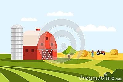 Farmland with farmhouse barn and green field vector Vector Illustration