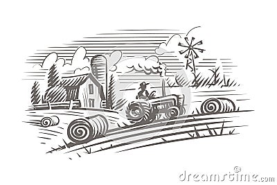 Farming landscape engraving style illustration. Vector, isolated, layered. Vector Illustration