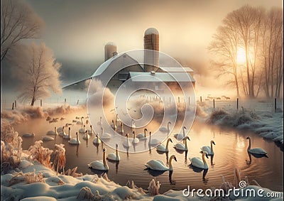 Farming Landscape Scene Swans Weathered Barn Snowy Winter Farmyard Sunrise Country AI Generated Stock Photo