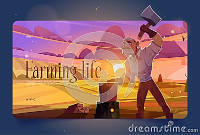 Farming life banner with man chopping wood Vector Illustration