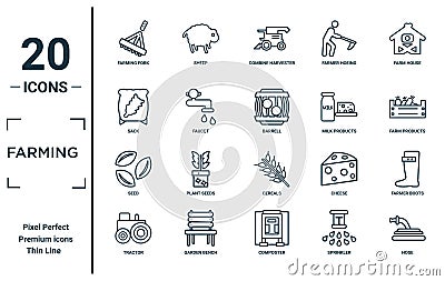 farming linear icon set. includes thin line farming fork, sack, seed, tractor, hose, barrell, farmer boots icons for report, Vector Illustration