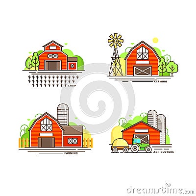 Farming logo collection in line design. Farm barns, farmhouses, windmill vector flat illustration isolated on white Vector Illustration