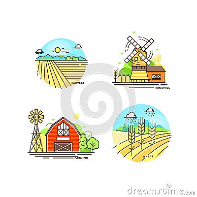 Farming logo collection in line design. Farm landscapes, barn, windmill, cropfield vector flat illustration isolated on Vector Illustration