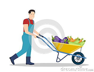 Farming man pushing wheelbarrow Vector Illustration