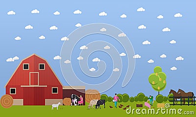 Farming men and women working on farmyard, vector illustration Vector Illustration