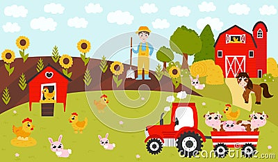 Farming poster with tractor with animals and farmer boy digging, barn with horse, landscape with harvest Vector Illustration