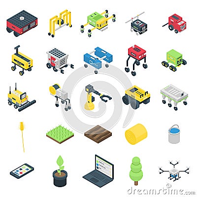 Farming robot icons set, isometric style Vector Illustration