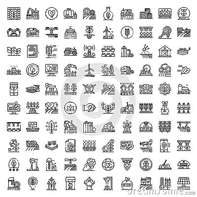 Farming robot icons set, outline style Vector Illustration