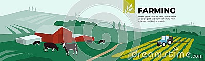 Farming template with cows and irrigation tractor Vector Illustration