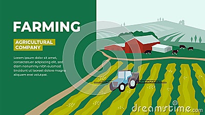 Farming template with irrigation tractor and cows Vector Illustration