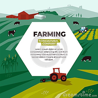 Farming template with tractors, cows, farm land Vector Illustration