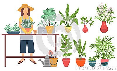 Farming Woman with Plants, Gardening Planting Vector Illustration