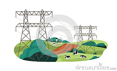 Farmland with electric power lines and cows grazing. Pasture, high voltage towers and cables tansmitting electricity to Vector Illustration