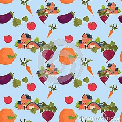 Farmland House Vegetables Farming Seamless Pattern Vector Illustration