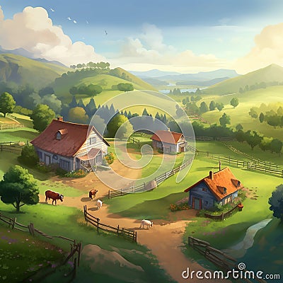 Humble small farmtown in rolling hill setting. Created using ai generative. Stock Photo