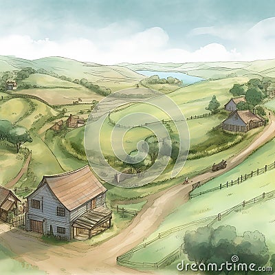 Humble small farmtown in rolling hill setting. Created using ai generative. Stock Photo