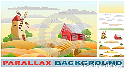 Farmland. Set for parallax effect. Garden and rolling hills. Rural farm landscape with windmill and barn. Evening sky Vector Illustration