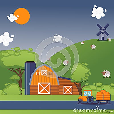 Farmland summer landscape, vector illustration. Peaceful countryside scene, farm barn, tractor, windmill and grazing Vector Illustration