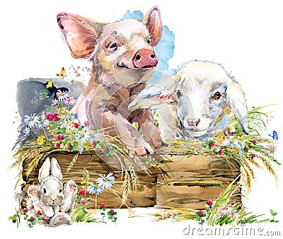 Lamb. cute pig. chiken. rabbit. watercolor farms animal collection. Cartoon Illustration