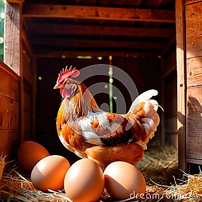 Farmyard free range hen laying huge jumbo fresh organic eggs in outdoor farm environment Stock Photo