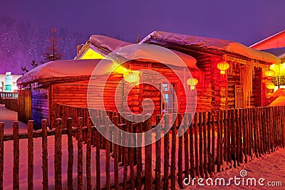 The farmyards and wooden fence at night Stock Photo