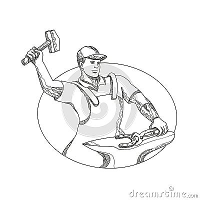 Farrier Wielding Hammer Oval Doodle Art Vector Illustration