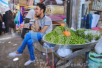 Young seller sells green plums an Vakil bazaar, Shiraz, Iran. Editorial Stock Photo
