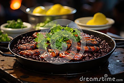 Fartar Brazilian table: beans, moqueca, acarajés, vatapá, cachaça. Authentic colors and flavors., generative IA Stock Photo