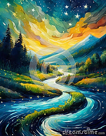 perspective river. fabulous painting illustration outstanding abstract stars turn resolution astonishing Cinematic Cartoon Illustration