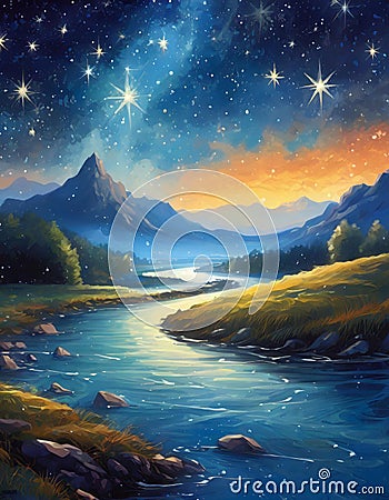 perspective river. fabulous painting illustration outstanding abstract stars turn resolution astonishing Cinematic Cartoon Illustration