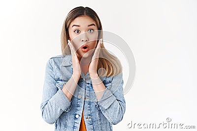 Fascinated impressed young female asian blogger gasping amazed say wow folding lips excited touch face stare camera Stock Photo