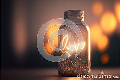 Bottle with the word love in front of a background with glowing lights, generative ai Stock Photo