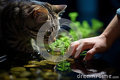 A Fascinating Encounter The Curious Cat Exploring the Intricacies of a Fragile Ecosystem Stock Photo