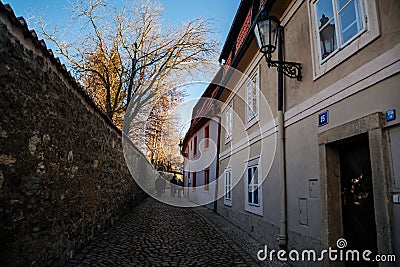 Fascinating narrow picturesque street with baroque and renaissance historical buildings in sunny day, Novy svet, New World in the Editorial Stock Photo