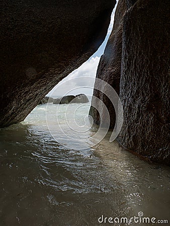 The fascinating rock formations on the beach of the Seychelles. Stock Photo