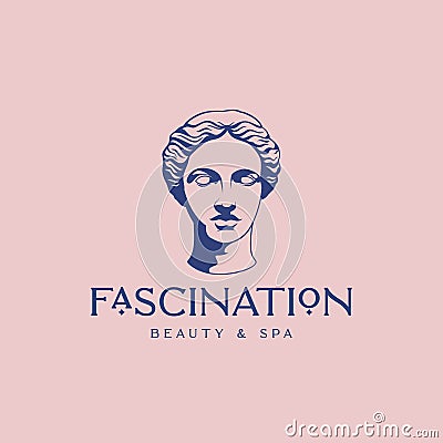 Fascination Beauty and SPA Abstract Vector Sign, Symbol, Logo Template. Hand Drawn Antique Greek Lady Statue Head Vector Illustration