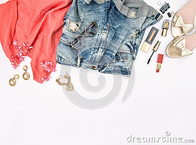 Fashion accessories, cosmetics, jewelry, shoes. Hero header Stock Photo