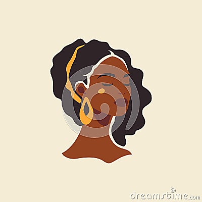 Fashion African woman portrait with golden earrings boho hand drawn wall art print vector flat illustration Vector Illustration