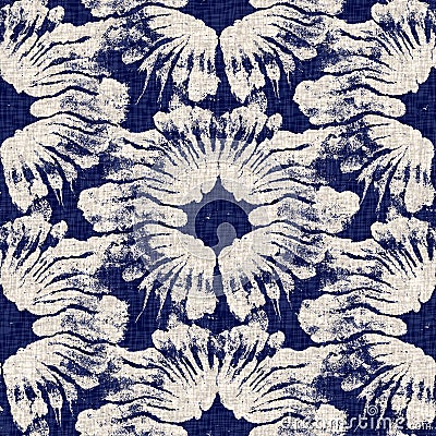 Summer indigo batik block print dyed motif seamless pattern. Fashion all over print for beach wear. Masculine shirt tie Stock Photo