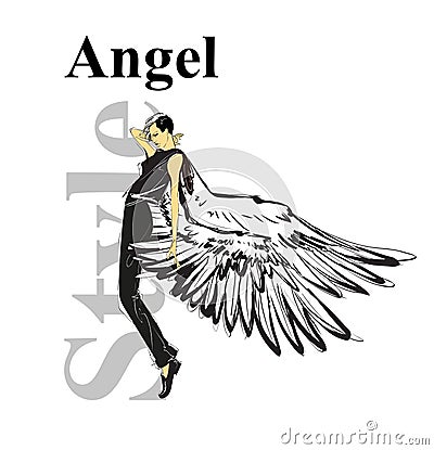 Fashion angel look. Beautiful young woman with wings in a black suit. Hand drawn fashion girl. Fashion model posing. Sketch. Cartoon Illustration