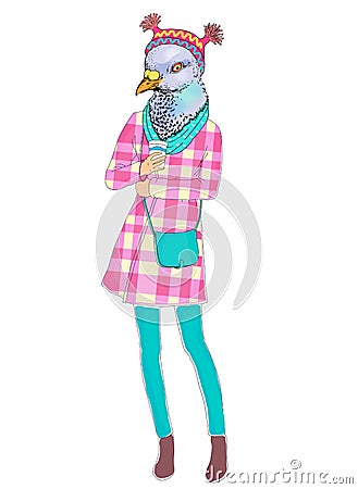 Fashion animal illustration, anthropomorphic design, furry art, hand drawn illustration of bird girl dressed up in scarf Vector Illustration