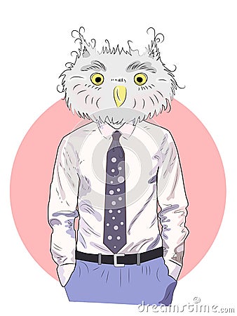 fashion animal illustration, anthropomorphic design, furry art, hand drawn illustration of owl boy hipster Cartoon Illustration
