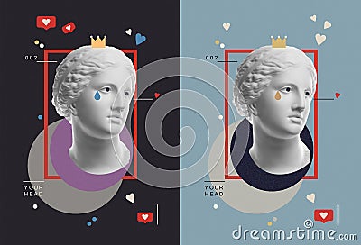 Fashion art collage with plaster antique sculpture of Venus face in a pop art style. Creative vogue concept image in Stock Photo