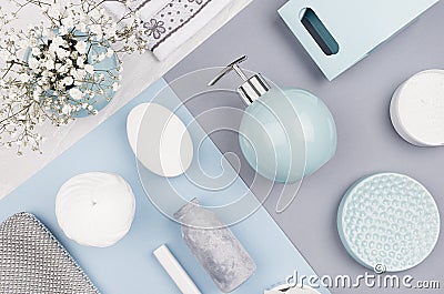 Fashion art cosmetics flat lay of different cosmetics products and accessories of silver, pastel blue, grey and white color. Stock Photo