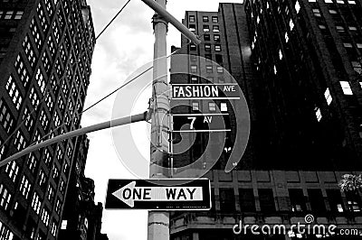 Fashion Avenue in New York City A one-way street arrow Stock Photo