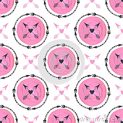 Fashion background with arrows and pink circles ornament. Geometric Print design. Tribal arrow seamless vector pattern painting te Vector Illustration